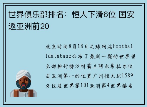 世界俱乐部排名：恒大下滑6位 国安返亚洲前20